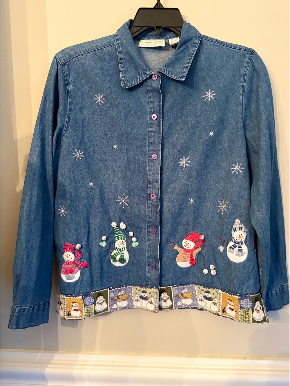 Embroidered Appliqué Denim Christmas Shirt L